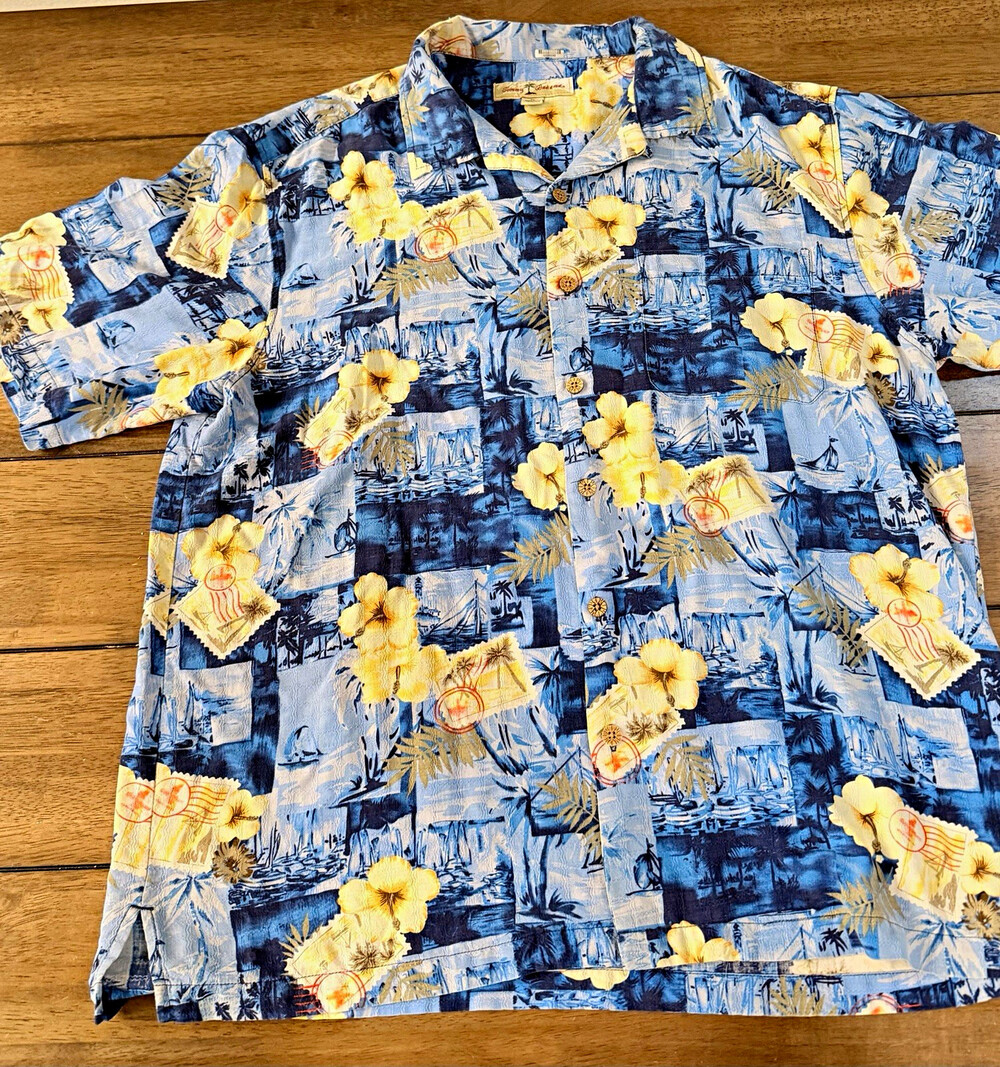 Tommy Bahama XL 100% Silk Hawaiian Blue Yellow Hibiscus Postcard Stamp Shirt